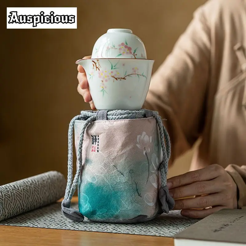 Zen Lotus Cotton and Linen Portable Thickened Tea Cozies Elegant Tea Cozy for Teapot Hand Bag Travel Set Bag Ceremony