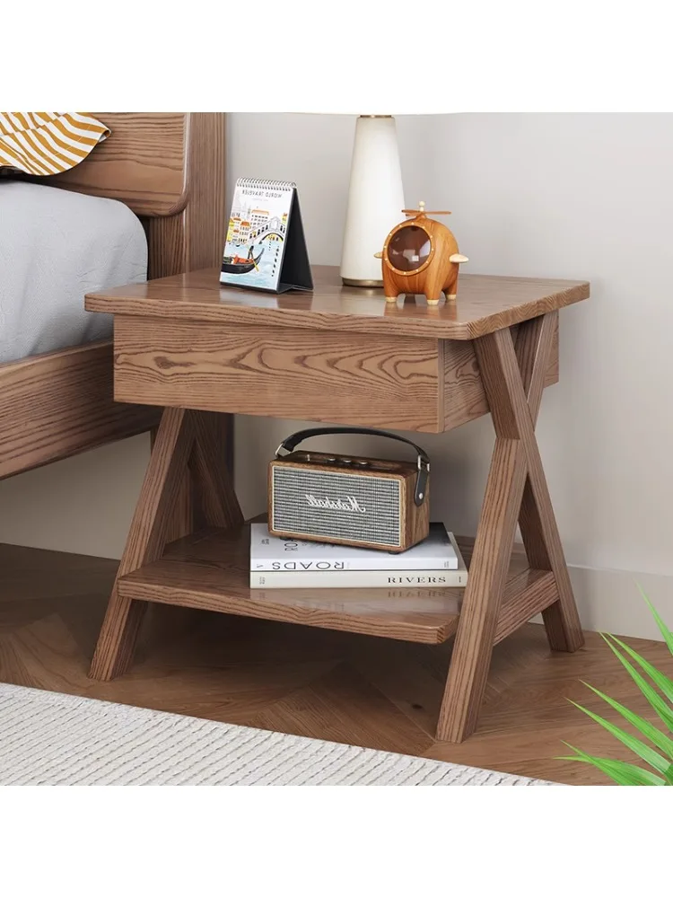 Nordic all-solid wood bedside table, small apartment sofa side floor storage multi-functional locker