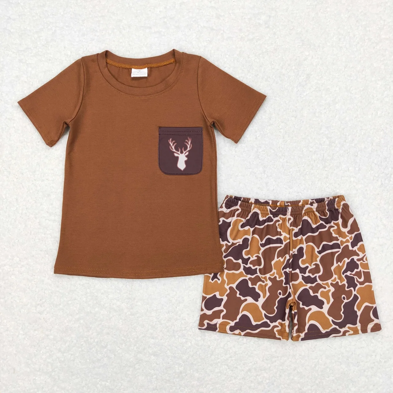 

Wholesale Baby Boy Summer Set Children Brown Short Sleeves Deer Pocket Shirt Toddler Infant Camo Shorts Kids Boutique Outfit