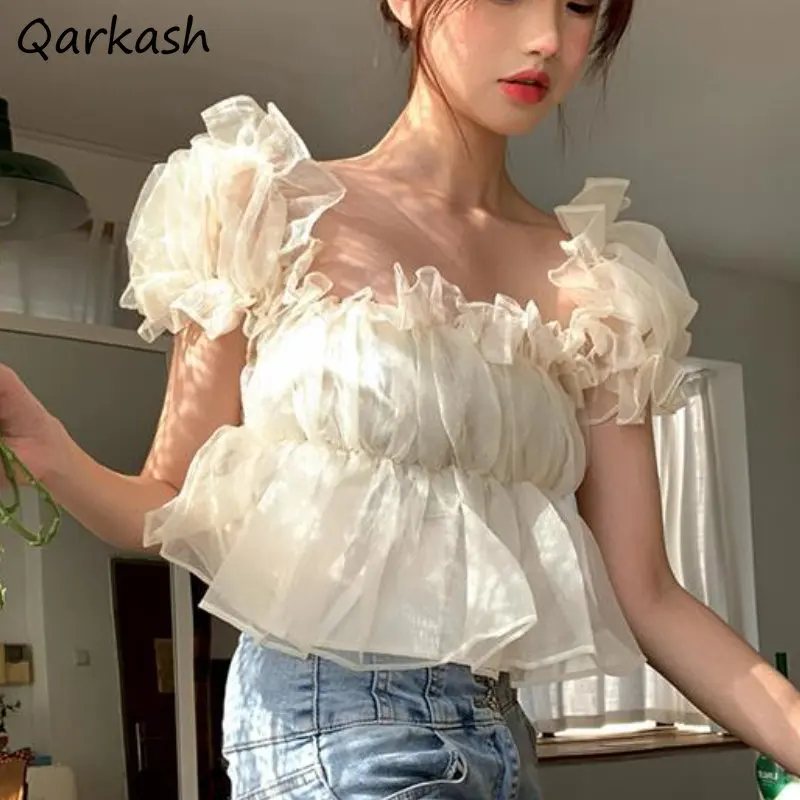 

Ruffles Blouses Women Puff Sleeve Elegant Kawaii Summer Aesthetic Ins Simple Clothing Vintage Holiday Mujer Casual Minority New