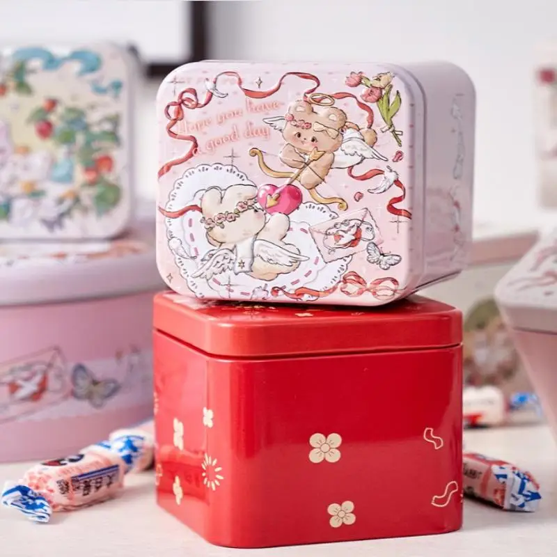 1pc Square Rabbit Pattern Relief Tin Box Tinplate Storage Jar Candy Biscuit Tea Container Reusable Sealed Home Kitchen Gift Box