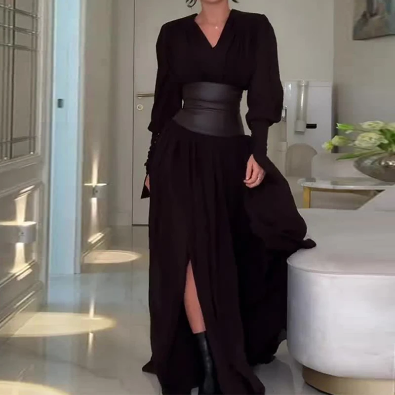 Women Casual Girdling Autumn Retro Maxi Dress Vintage High Split Pleats Holiday Fashion Long Sleeve Big Hem Party women maxi dress