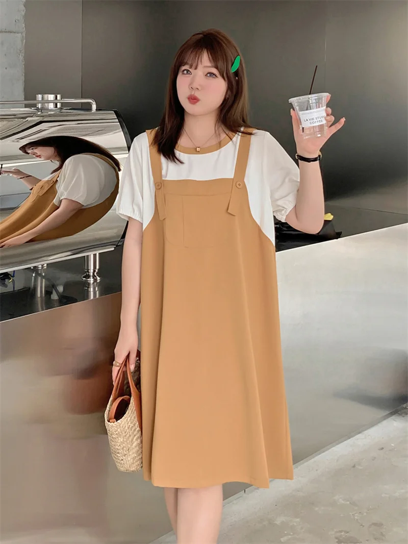 

2023 Summer New Korean Version of Loose Women 200 Jin Fat mm College Wind Fake Two-piece Suspenders Dress Solid Color Commuting