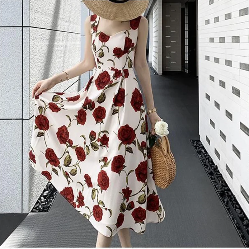 

Stylish Loose Spliced Printed Folds Sleeveless Dress Women's Clothing 2023 Summer New Office Lady Camisole Floral Dress