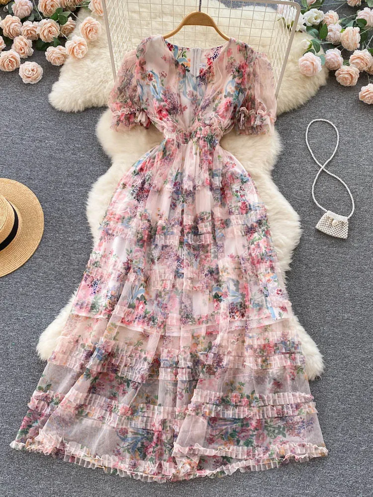 

Summer New Fairy Sweet First Love V-neck Super Fairy French Long Dress Mesh Floral Skirt Princess Vestidos Women D1405
