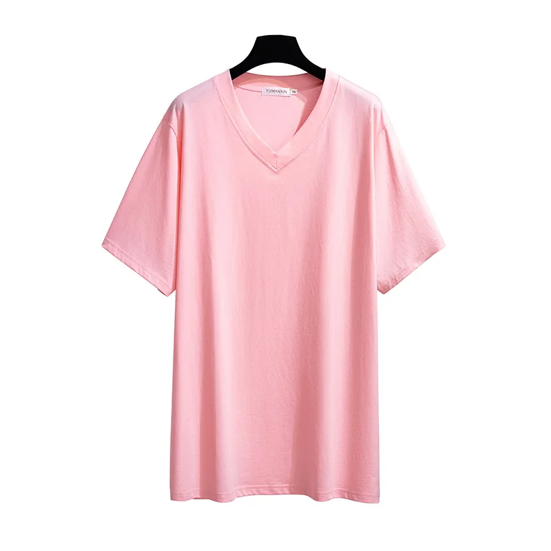 175Kg 7XL Plus Size Women\'s Bust 170 Summer Loose Solid Short-Sleeved V-Neck T-Shirt 2XL 3XL 4XL 5XL 6XL 7XL 6Colors