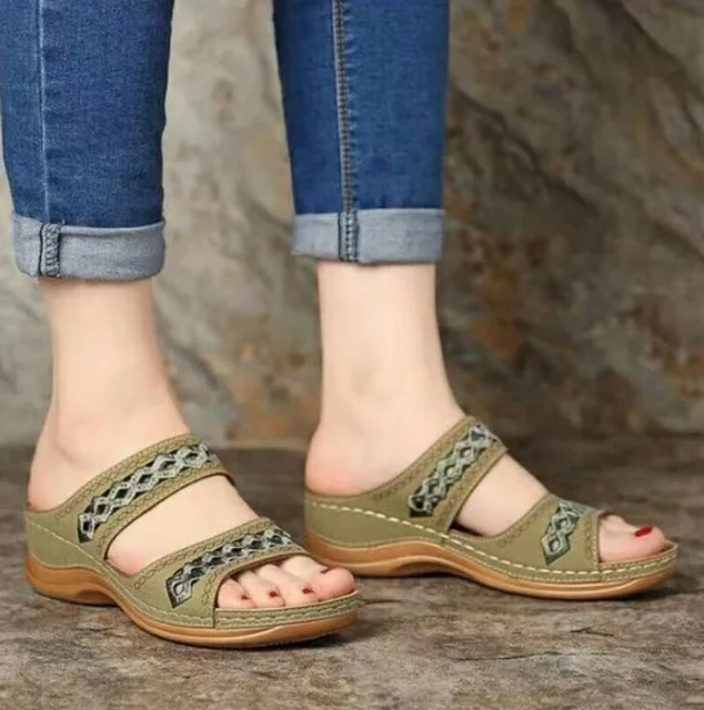 Women Casual Sandals Comfortable Soft Slippers Embroider   Flower Colorful Ethnic Flat Platform Open Toe Outdoor Beach Shoes A green