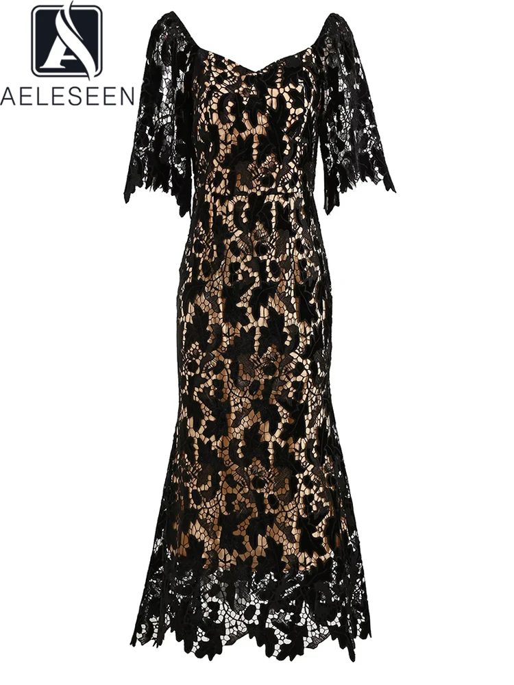 

AELESEEN Designer Fashion Black Lace Dress Women Summer Flare Sleeve V-Neck Flower Embroidery Slim Elegant Long Trumpet