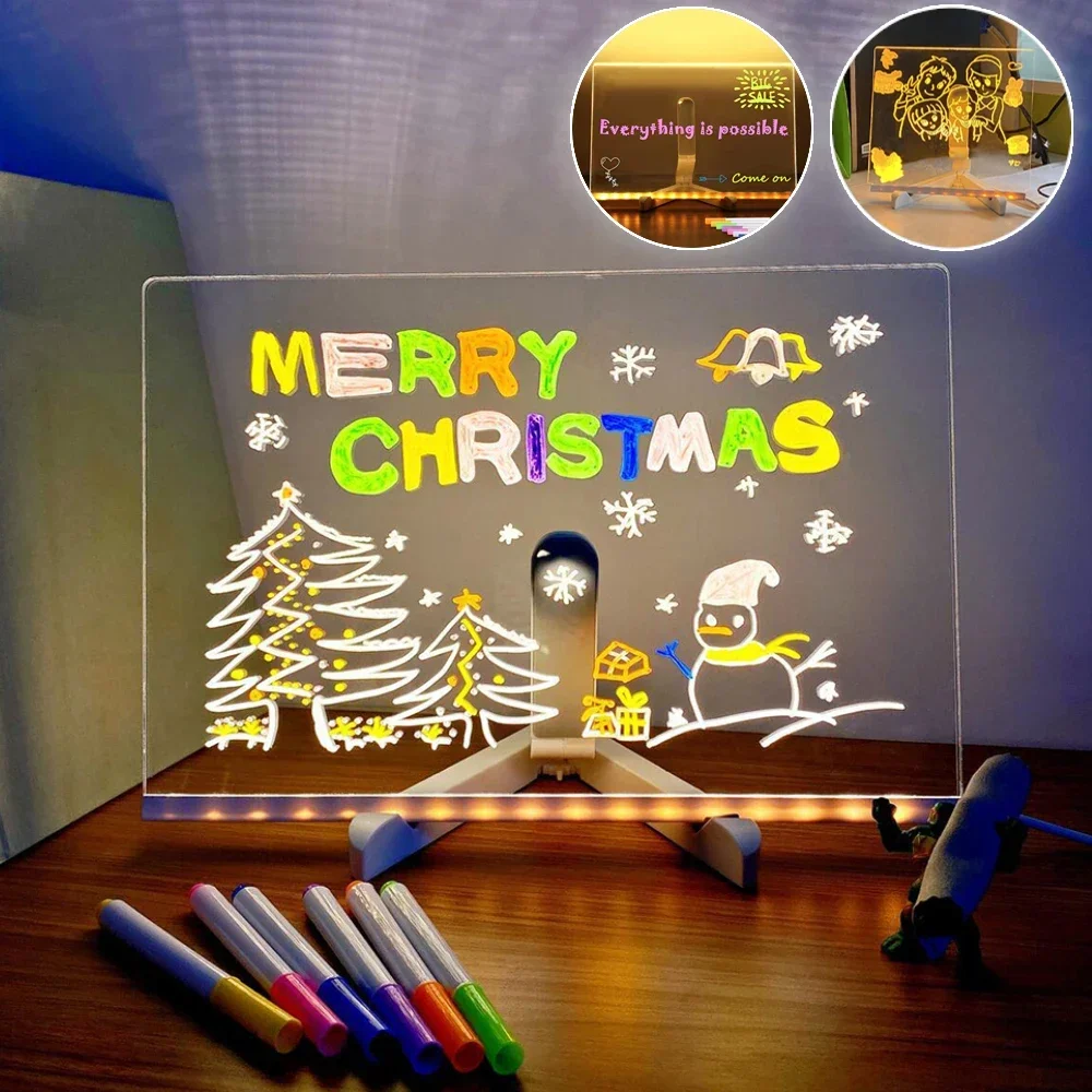 led-luminous-drawing-board-toys-night-light-message-note-board-acrylic-draw-board-with-7-colorful-pens-erasable-writing-for-kids