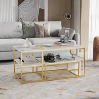 Table basse carrée 2-en-1 Comanlai, avec espace de rangement, table d'appoint, aspect marbre, structure en métal doré pour salon 1