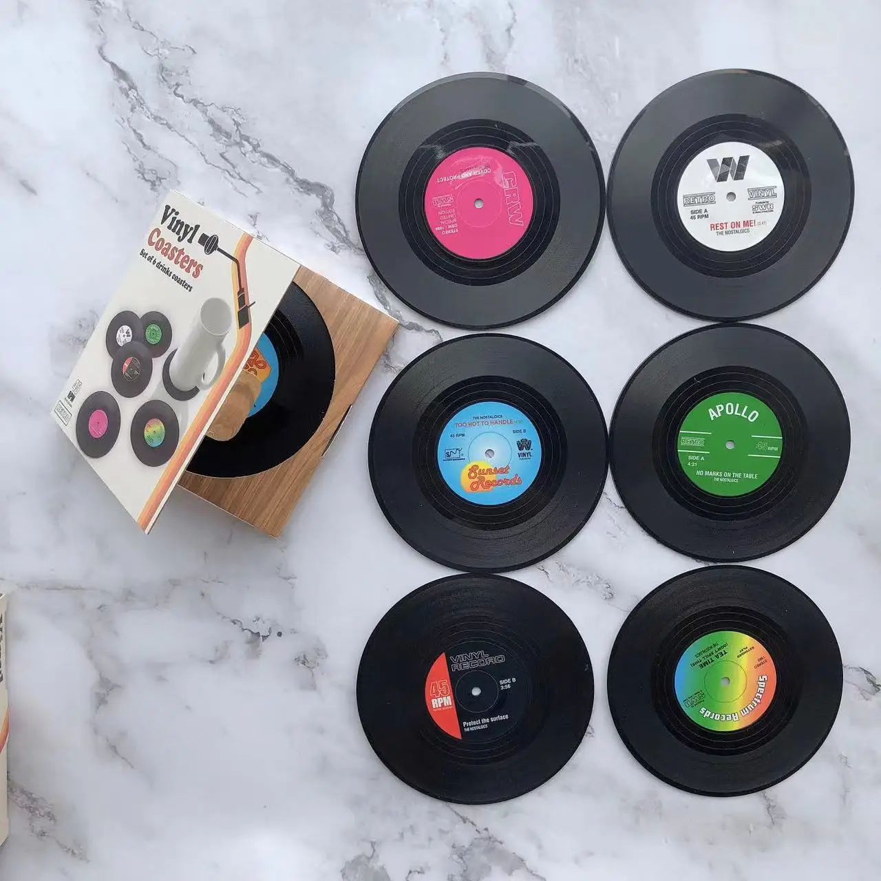 

Set of 6 Vinyl Coasters for Drinks Music Coasters with Vinyl Record Player Holder Retro Record Disk Coaster Mug Pad Mat Creative