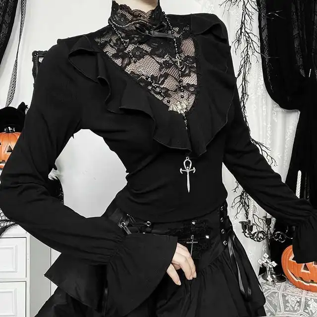 leinwande patchwork ruffled hem top ブラック Amazon.com: Women Lace Patchwork Mini Pleated Skirts Punk