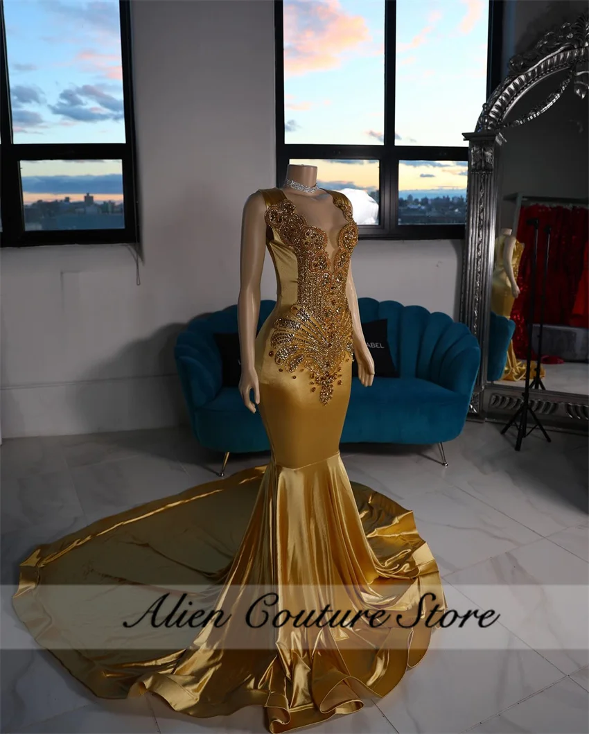 Women Prom Dresses Luxury Gold Mermaid Evening Dress Bead Crystal Diamonds Elegant Birthday Party Dresses Woman Prom Gown Customized