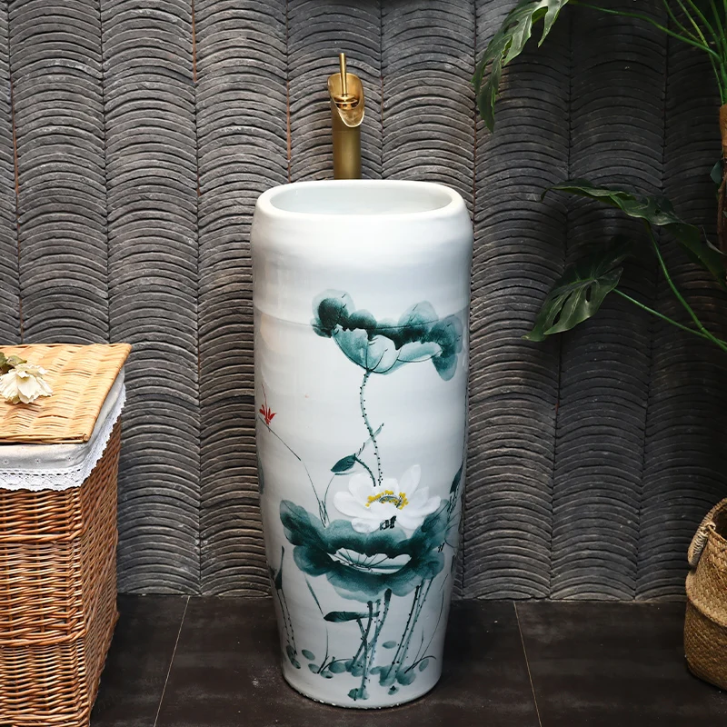 Chinese lotus vertical washbasin ceramic art column courtyard balcony floor-standing hand washing integrated pool