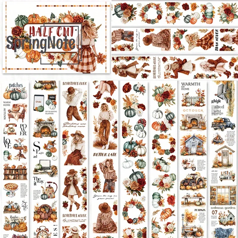 4Pcs/Set Matte Lady PET Washi Tape Pre-Cut Autumn Pumpkin Masking Tape for Stickers Scrapbooking Journal Collage Material 6