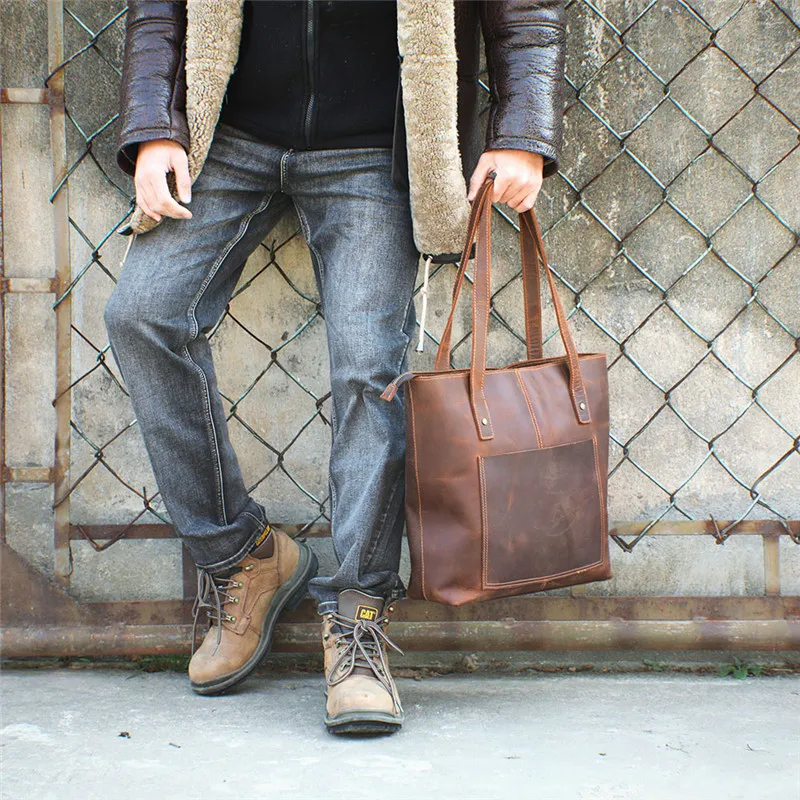 Simple vintage high-quality natural genuine leather unisex tote bag casual crazy horse cowhide large-capacity laptop handbag