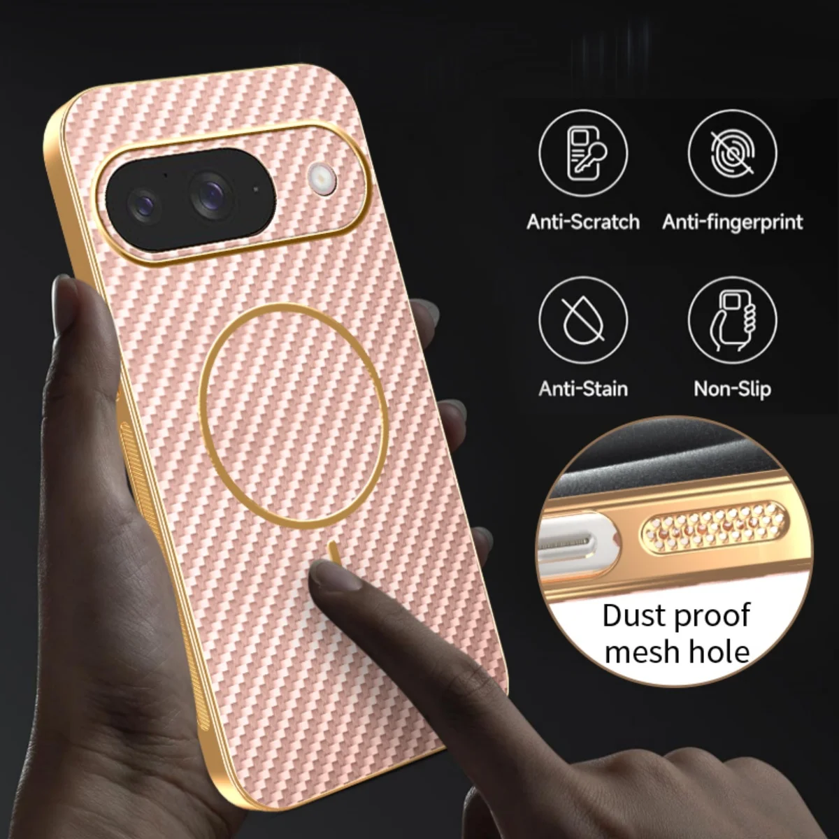 Carbon Fiber Texture Phone Case with Plating Frame and Magsafe Compatibility