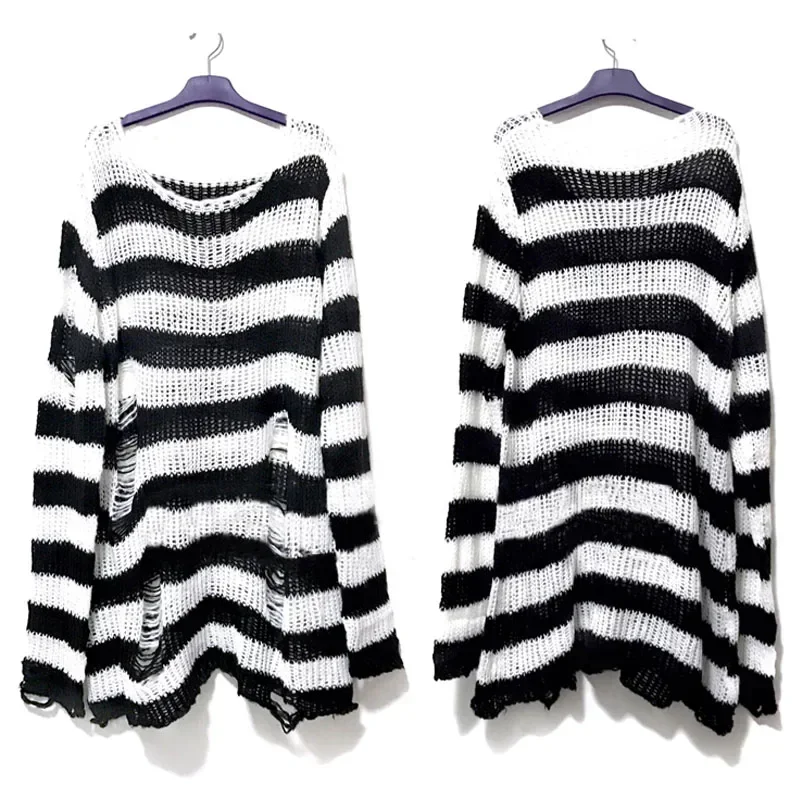 Autumn Punk Gothic Top Long  Unisex Sweater Women Striped Cool Hollow Out Hole Broken Jumper Loose Rock Thin Dark Streetwear 3