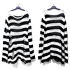 Autumn Punk Gothic Top Long  Unisex Sweater Women Striped Cool Hollow Out Hole Broken Jumper Loose Rock Thin Dark Streetwear 3