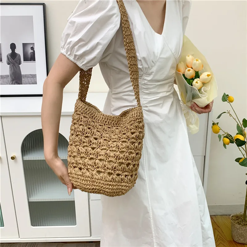 

Сумка-мешок женская Соломенная, вместительный саквояж на плечо в винтажном богемном стиле, Пляжная дизайнерская брендовая сумочка-тоут, лето