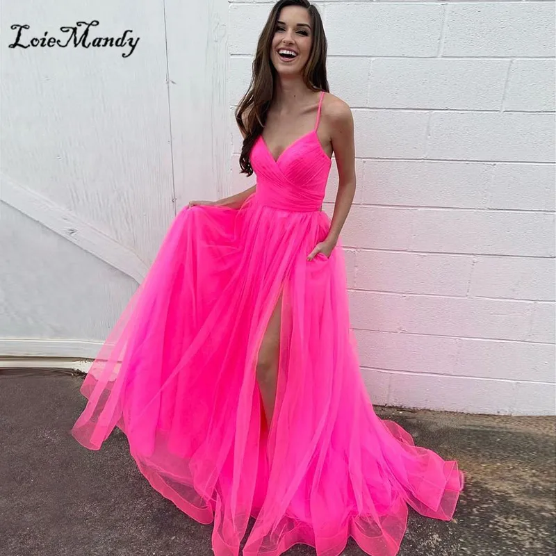 

Fuchsia Tulle Long Prom Dresses Sexy Spaghetti Straps Evening Party Gowns For Women Criss Cross Backless Special Occasion Dress