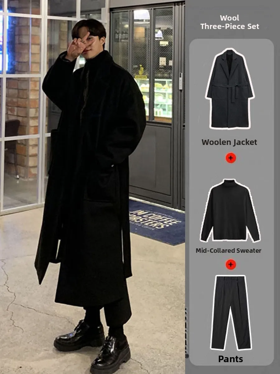 Thiened Double-Faced Camere Men's Coat Winter Faion Outerwear Over-Knee Korean Sle Tweed Windbreaker Long Sve Coat