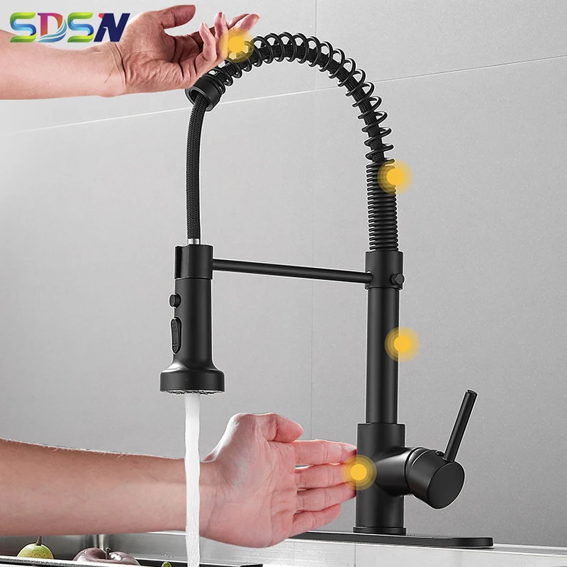 Black Touch Spring Kitchen Mixer Faucets Quality Brass Hot Cold Pull