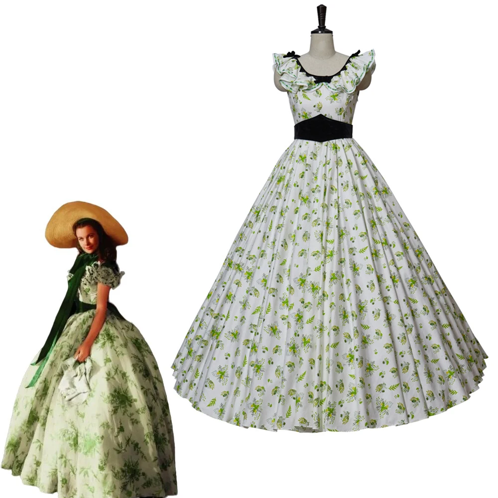 

Gone with the Wind Cosplay Costume 19th Century Civil War Southern Belle Dress Elegant Green Floral Ball Gown Carnival Outfits