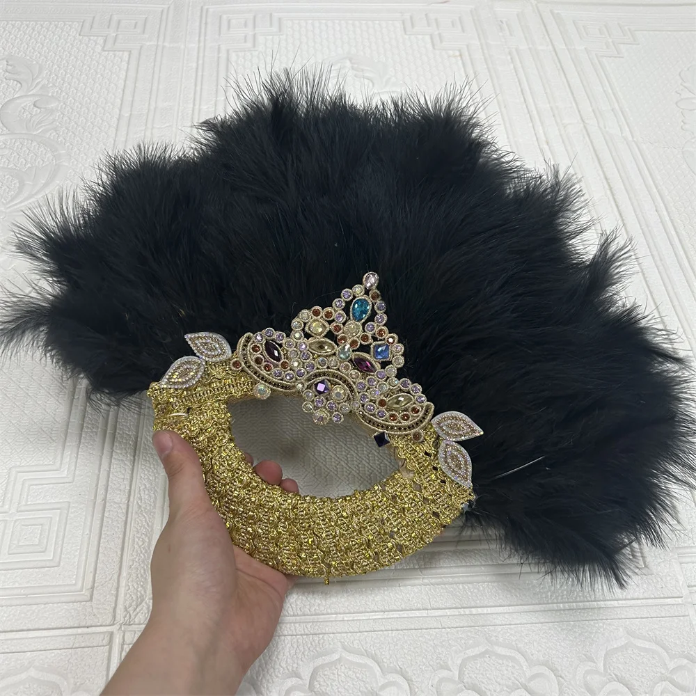 1pcs African Turkey Feather Hand Fan, Feathers Handfan For Dance, Wedding Decoration, Fan with Pearls One-Sided Blue Fan-AF30