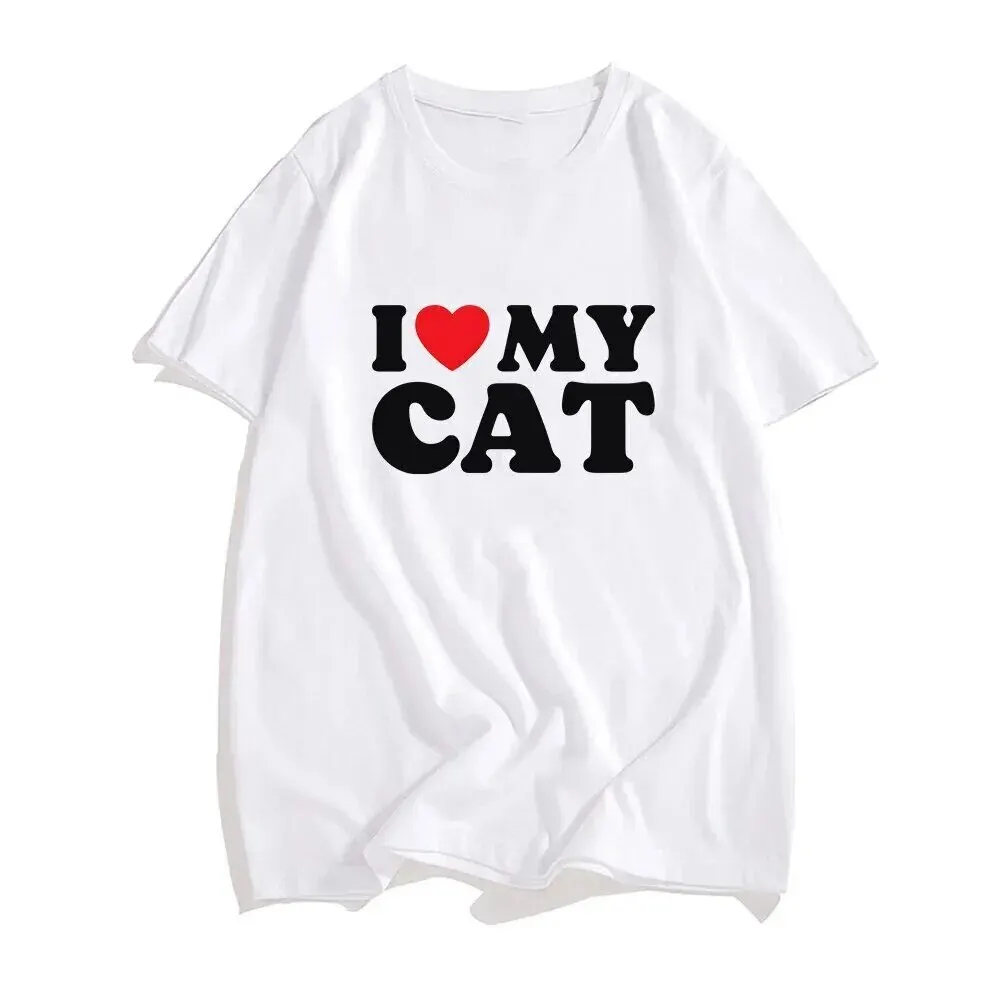 

Футболка хлопковая с принтом «I Love Cat» для мужчин и женщин, уличная одежда в стиле Харадзюку, топ с коротким рукавом и круглым вырезом, на лето
