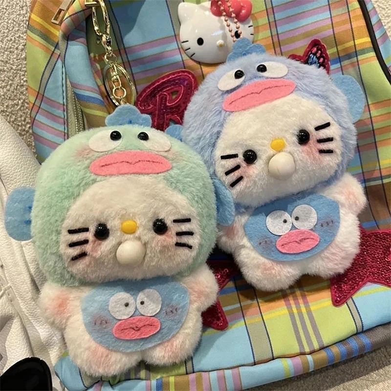 귀여운 산리오 행요돈 후드 KT 고양이 봉제 인형, 삐삐 거리는 거품, 헬로 키티 봉제 장난감, 열쇠고리 가방 펜던트 선물