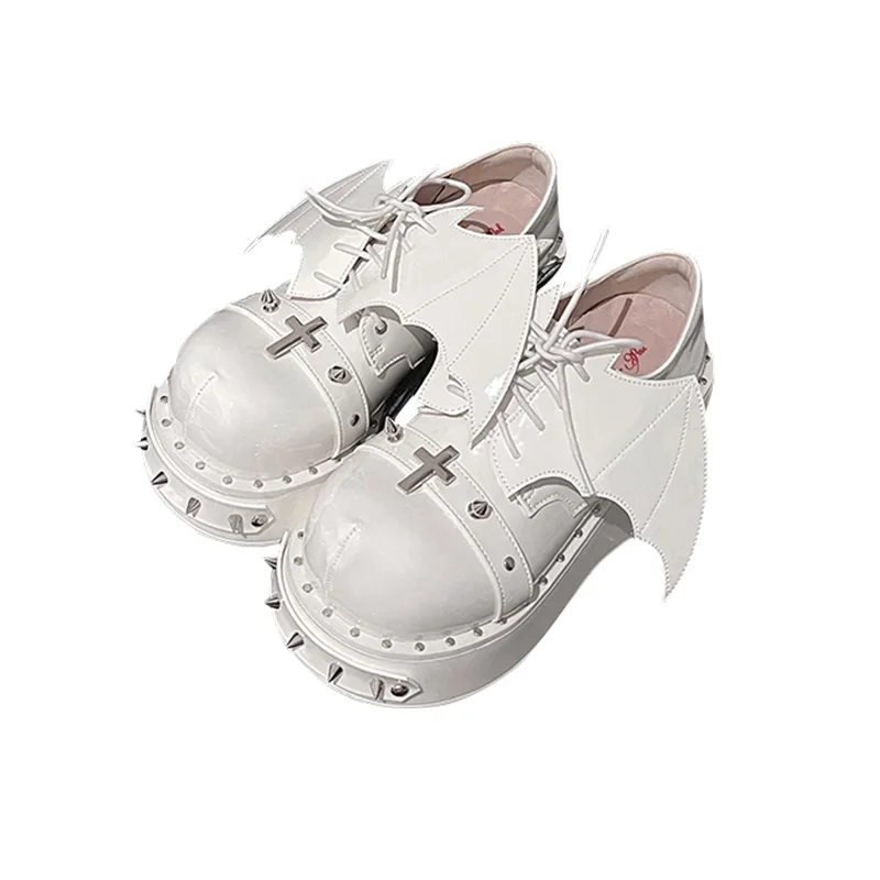 Original Lolita Punk Y2g Hot Girl Thick Bottom Round Head Pumps Women 2024 Spring Bat Wings Paltform Leather Shoes