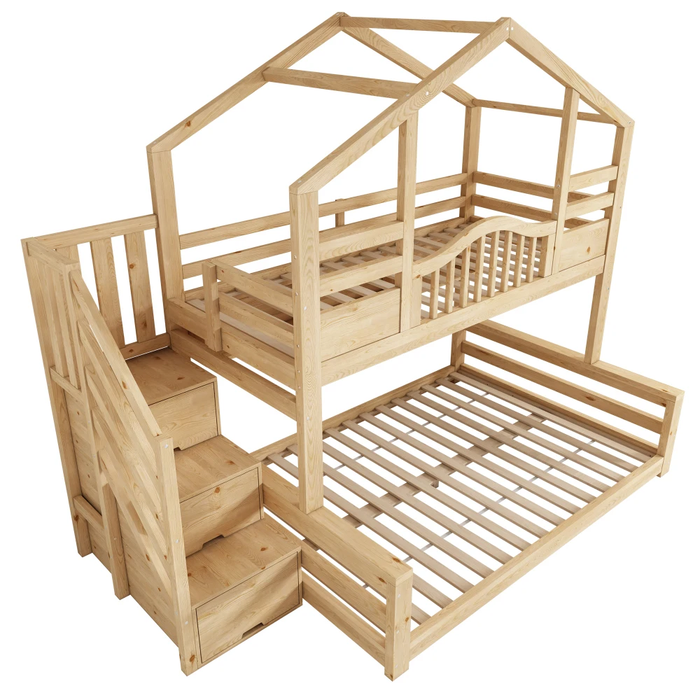 90x200/140x200cm Etagenbett Kinderhausbett Naturholz mit Treppenlagerregalen, für Kinder, Jugendliche, ohne Matratze – Detail 20
