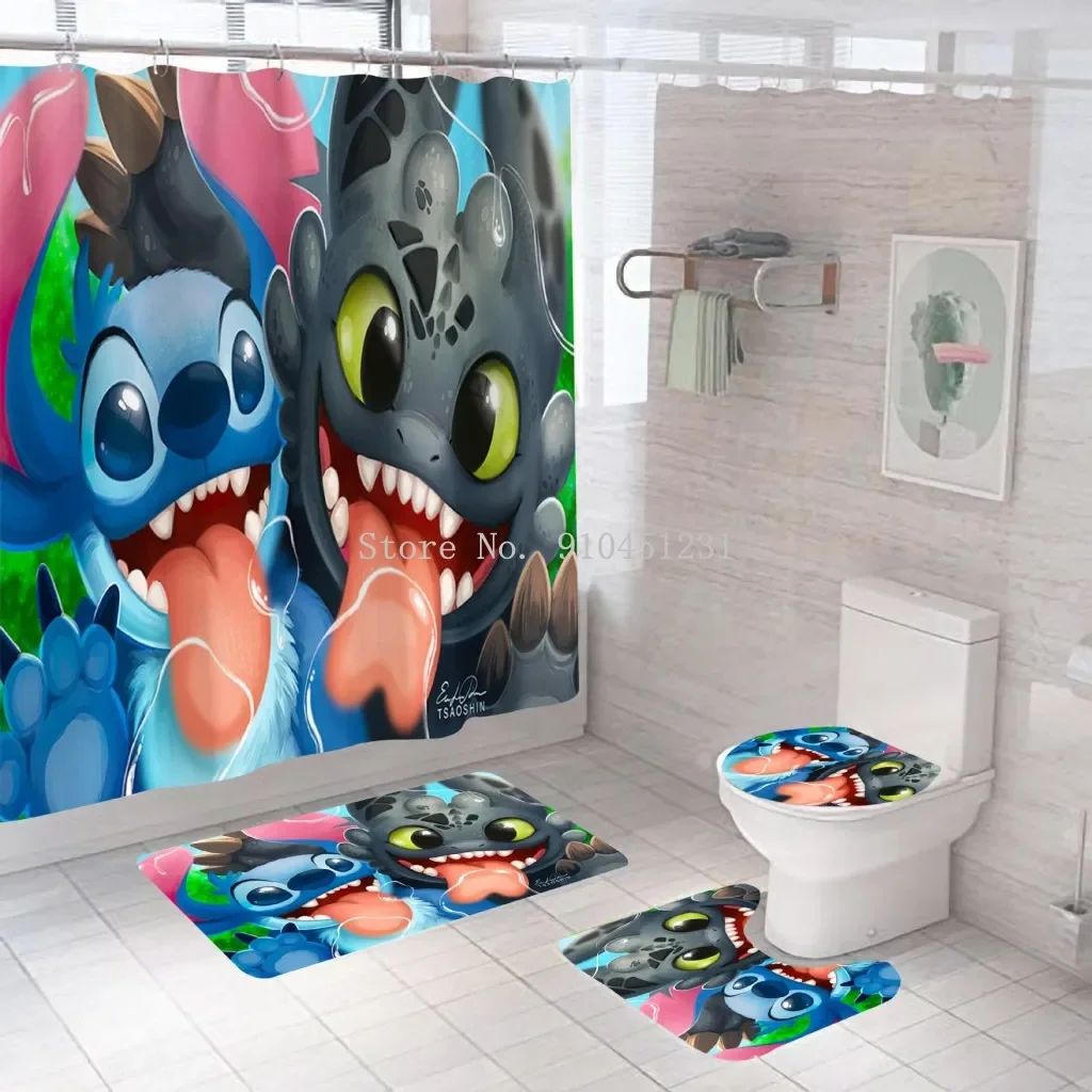 Cute Disney Lilo Stitch Bathroom Non-slip Mat Set Durable Waterproof Shower Curtain Set Pedestal Rug Lid Toilet Cover Bath Mat