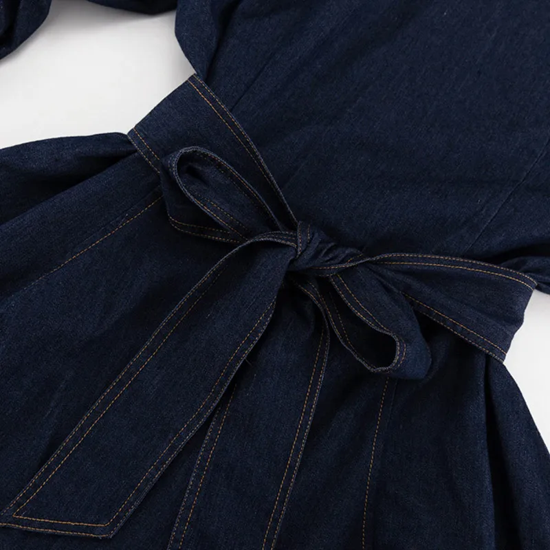 Casual Women's Denim Blue Mini Dresses O-neck Long Sleeved Cinched High Waist Lace Up Dresses 2025 Spring Lady A-line Vestidos