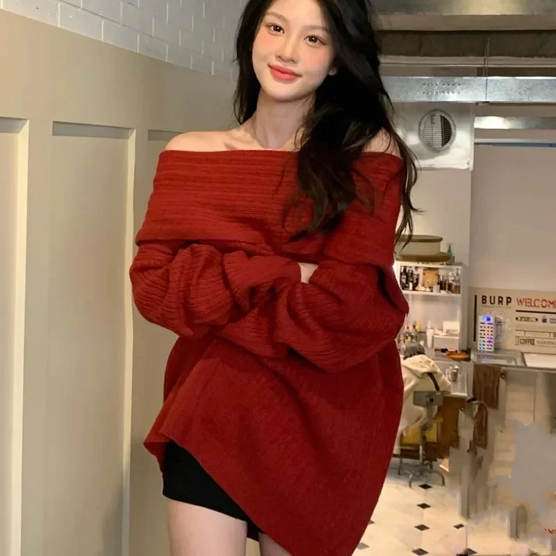 

Slash Neck Sweater Women Sexy Off Shoulder Elegant Long Sleeve Pullover Fashion Chic Autumn Knit Christmas Female Jumper