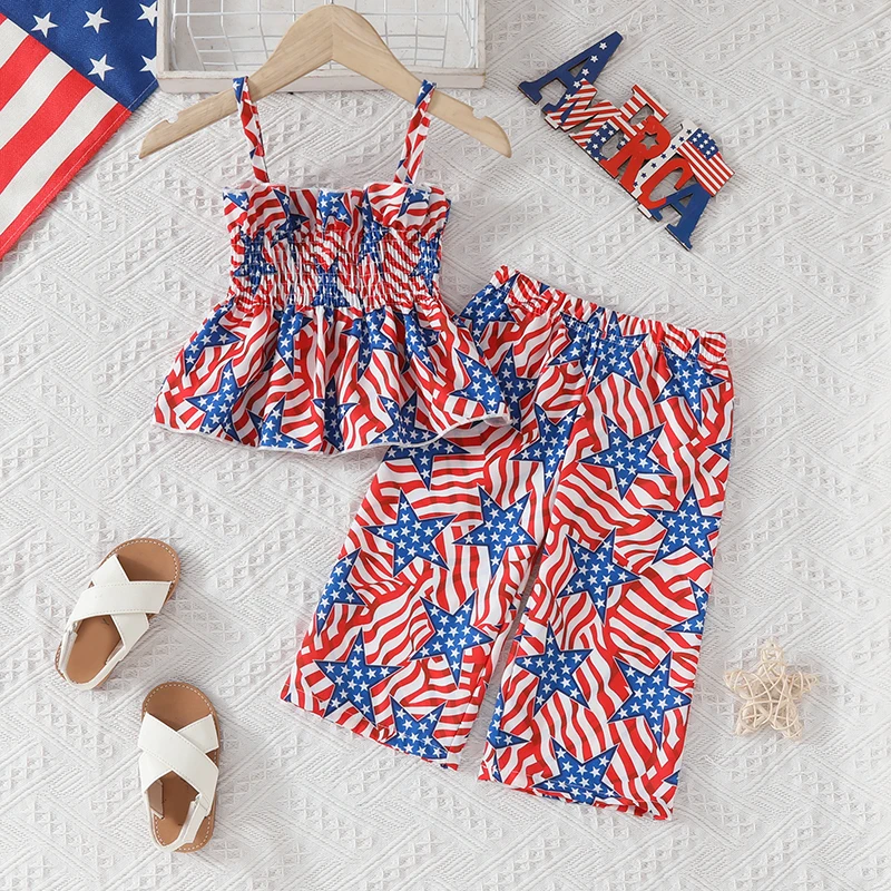 

Baby Girl 4th of July Outfit Bell Bottoms Ruffle Hem Tank Top Sleeveless Crop Top Wide Leg Pants Summer Clothes