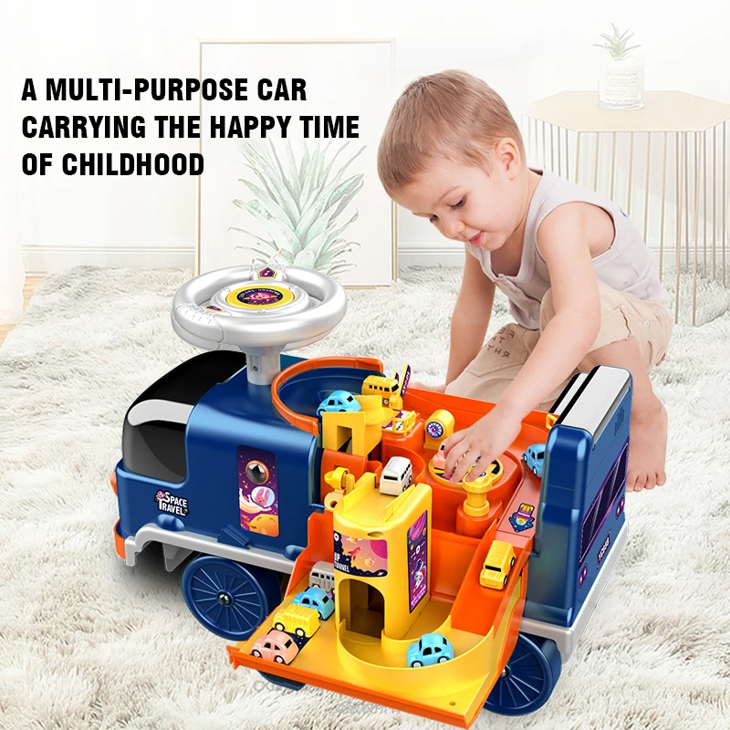 2 IN 1 Electric Slide Driving Car Fire Truck Police Space Kids Toys Seatable Track Parking Stroller Education Walkers Boys Gift