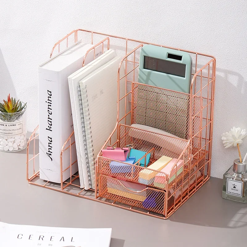 Multifunctional Rose Gold Magazine Holder 6 Different Compartments Documents Storage Holder File Organizer Book