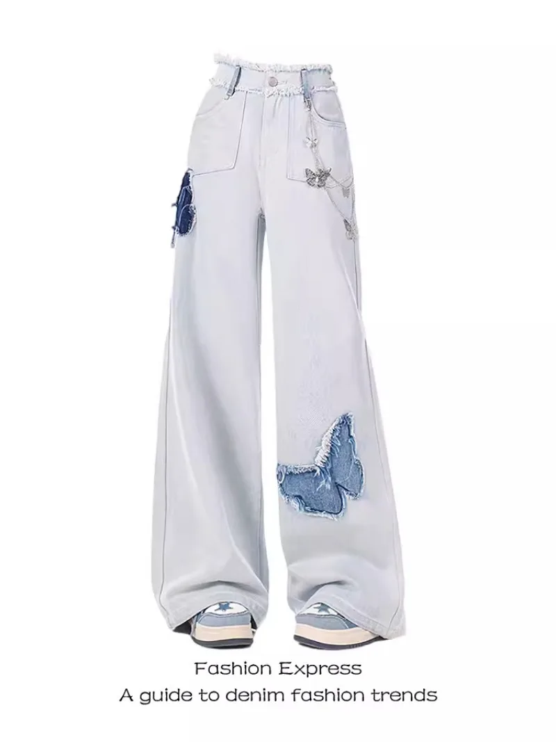 American Retro Butterfly Embroidered Micro Horn Jeans Children's 2024 New Design High Waist Floor Slippers