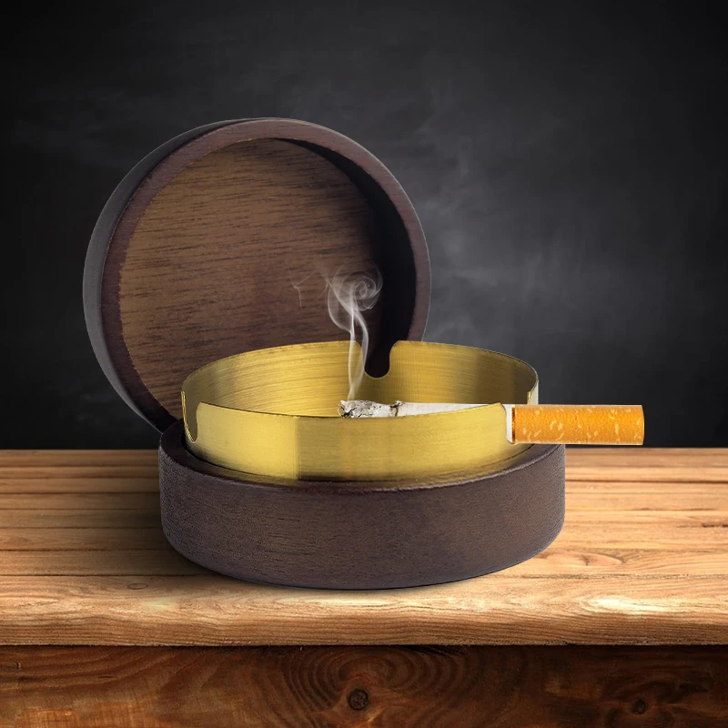 Acacia Wood Desktop Ashtray With Lid Stainless Steel Windproof Ash Tray Easy to Clean for Office Home Smoking Accessories