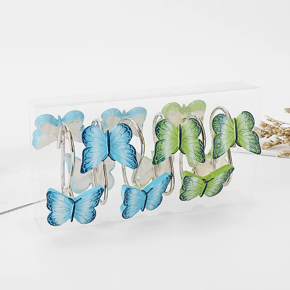 12PCS/Box Blue Green Butterfly Shower Curtain Hooks Clothes Storage Hook Hanging Towel Coat Diy Home Tools Decor