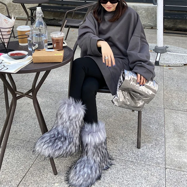 Women Boots Winter Cute Raccoon Dog Fox Furry Girl Thickened Large 36-44 Sexy Snow Boots Long Fur Slip-On Shoes with Thin Legs