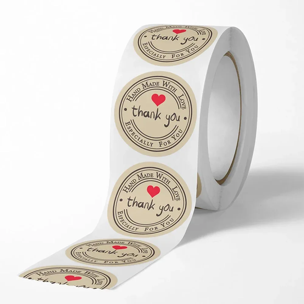 Kraft Paper Stickers Thank You Stickers 500pcs/roll Kraft Paper Handmade With Love Thank You Stickers DlY Decoration Label Gifts Baking Sealing