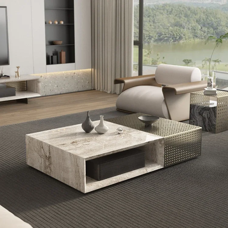 

Modern Living Room Furniture Natural Marble Table Coffee Tea Solid Wood Stainless Steel Marble Coffee Table