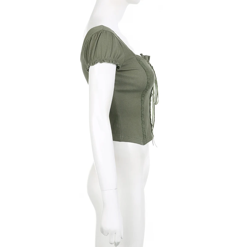 Camiseta corta verde vintage para mujer, con volantes, cuello cuadrado Y2K, estilo grunge, camiseta sexy y elegante de manga corta, ropa de calle