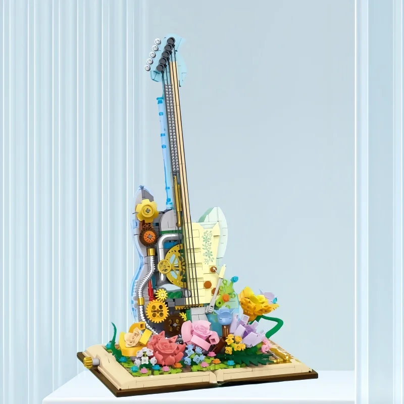 KNEW BUILT Musikinstrument Spielzeug LED Punk Gitarre Mini Bausteine-Tischdekoration, angenehm von Mädchen, Simulation Spiel, Puzzle Geschenk