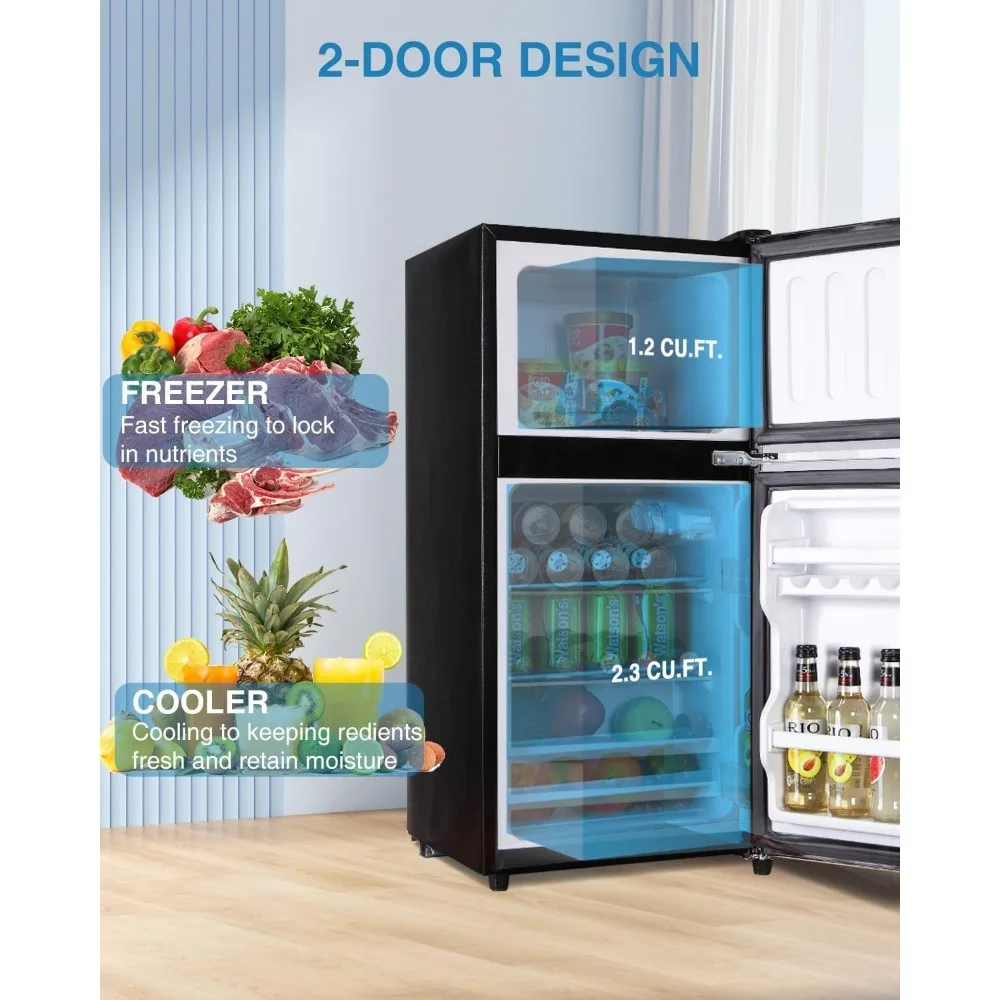 Compact Refrigerator Double Door Mini Fridge with Freezer, 3.5 CU FT Mini Refrigerator with 7 Level Adjustable Thermostat Office