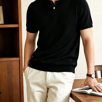 Polo in maglia da uomo, T-shirt estiva da uomo di alta gamma, T-shirt a maniche corte tinta unita, Top casual