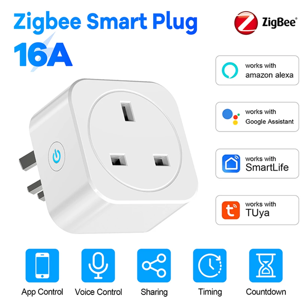 Zigbee Smart Plug UK มาตรฐาน 16A/20A Energy Monitoring Timer รีโมทคอนโทรลทํางานร่วมกับ Alexa Google Assistant Voice Control 1